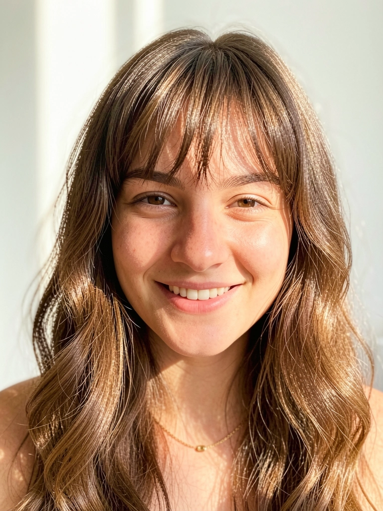 Jovem de cabelo castanho ondulado com franja desfiada, sorriso natural, colar de ouro fino e luz natural difusa contra parede branca.