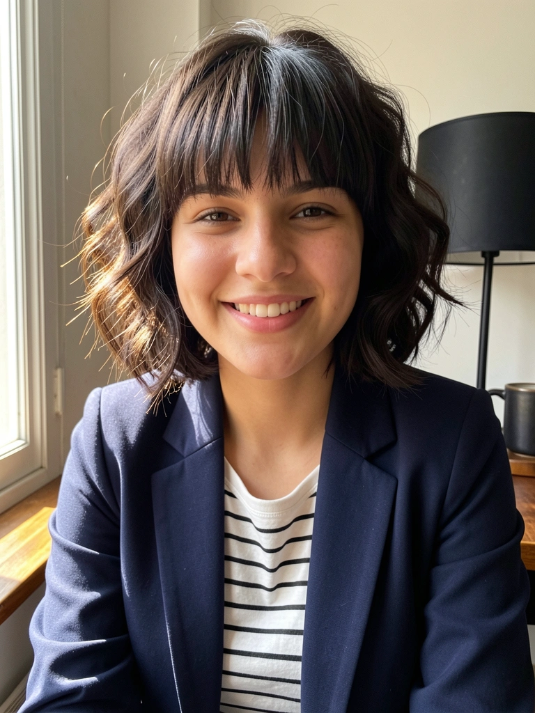 Mulher de cabelo curto ondulado e franja baby, blazer azul-marinho, sorrindo com luz natural difusa, caneca escura sobre mesa de madeira e luminária preta ao fundo.