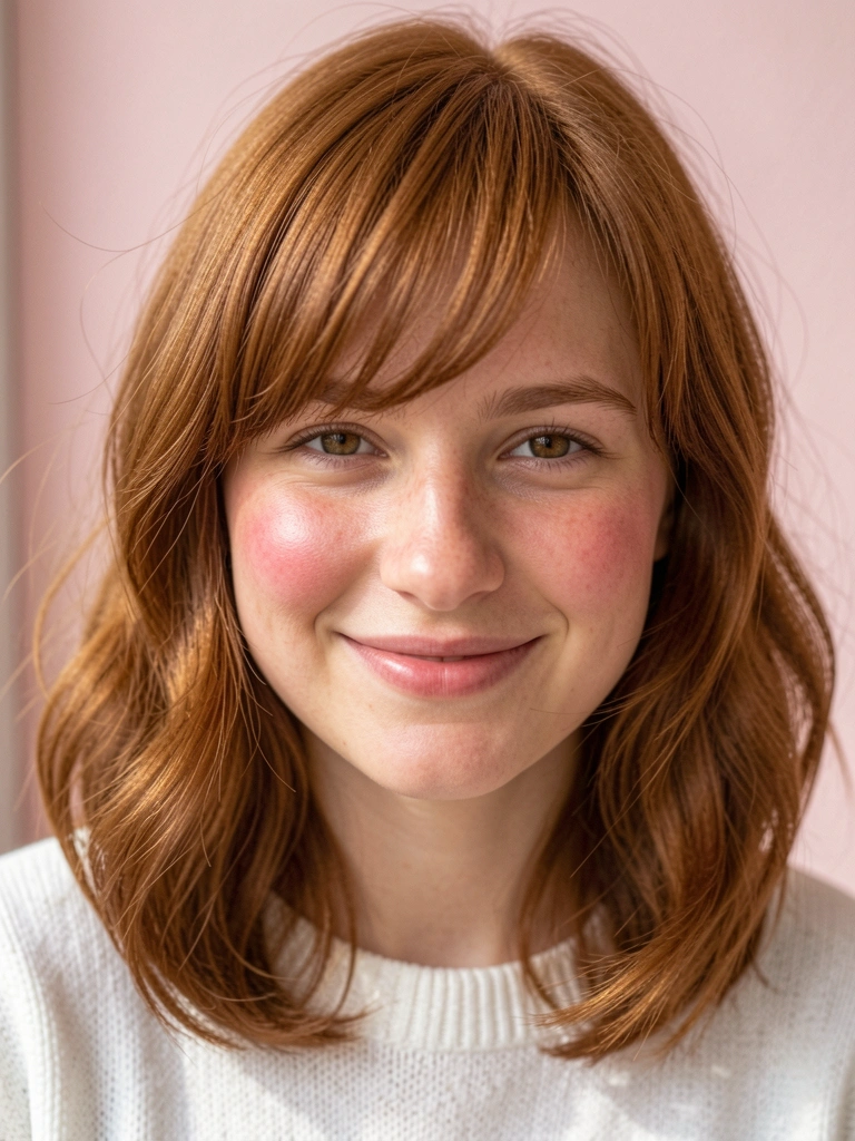Jovem com cabelo ruivo cacheado e franja desfiada, sorriso natural e suéter branco, luz suave e fundo rosa desfocado.