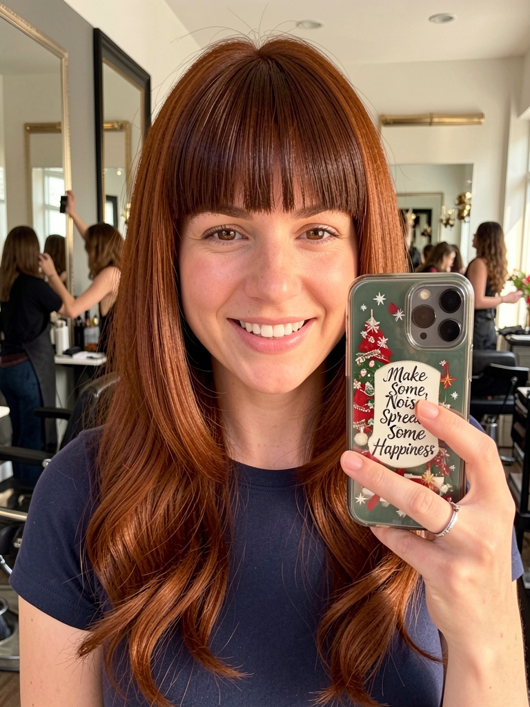 Close-up de mulher de cabelo ruivo ondulado em corte blunt franjado, segurando celular com capa natalina, sorriso espontâneo em salão com luz natural.