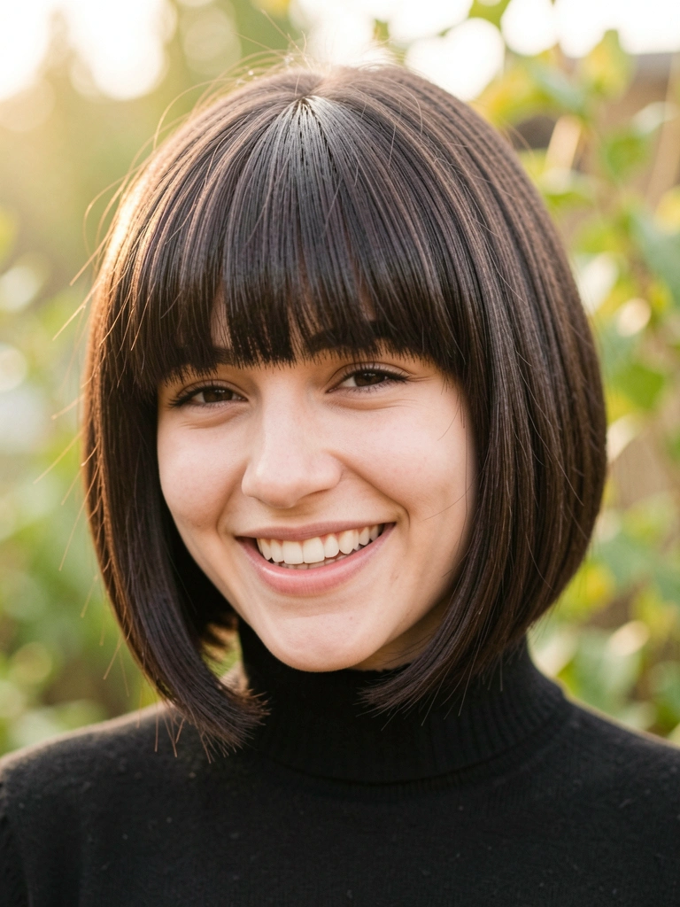 Jovem de cabelo castanho escuro com franja espessa e reta, blusa preta de gola alta, sorriso espontâneo sob luz natural suave com fundo verde.
