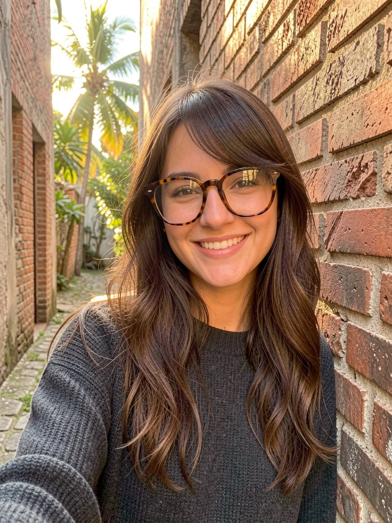 Mulher jovem com franja lateral e óculos tartaruga, apoiada em parede de tijolos, luz dourada e textura do suéter em destaque.
