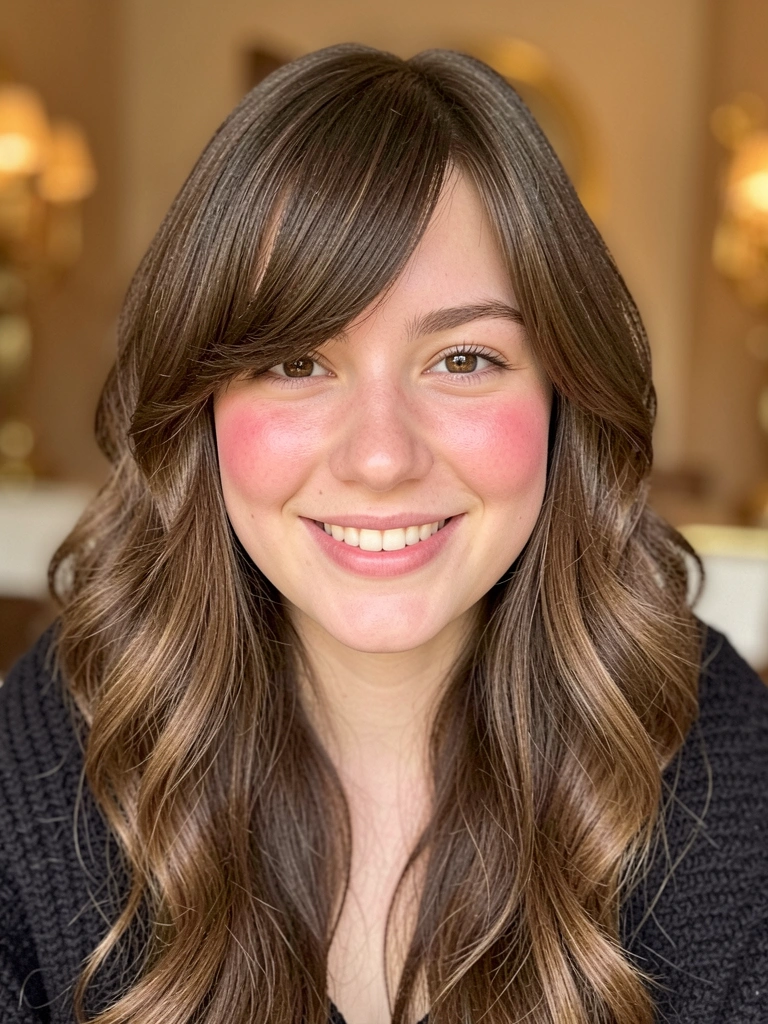 Jovem de cabelo castanho ondulado com franja grossa lateral, sorriso natural, suéter escuro sobre os ombros, fundo internamente desfocado com tons quentes e detalhes dourados.