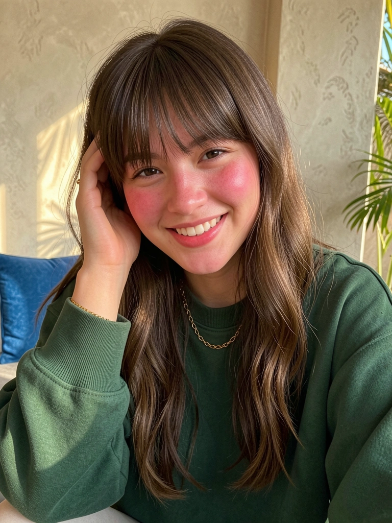 Mulher com franja longa e cabelo ondulado, sorrindo em um interior iluminado por luz natural, com parede texturizada e almofada azul.