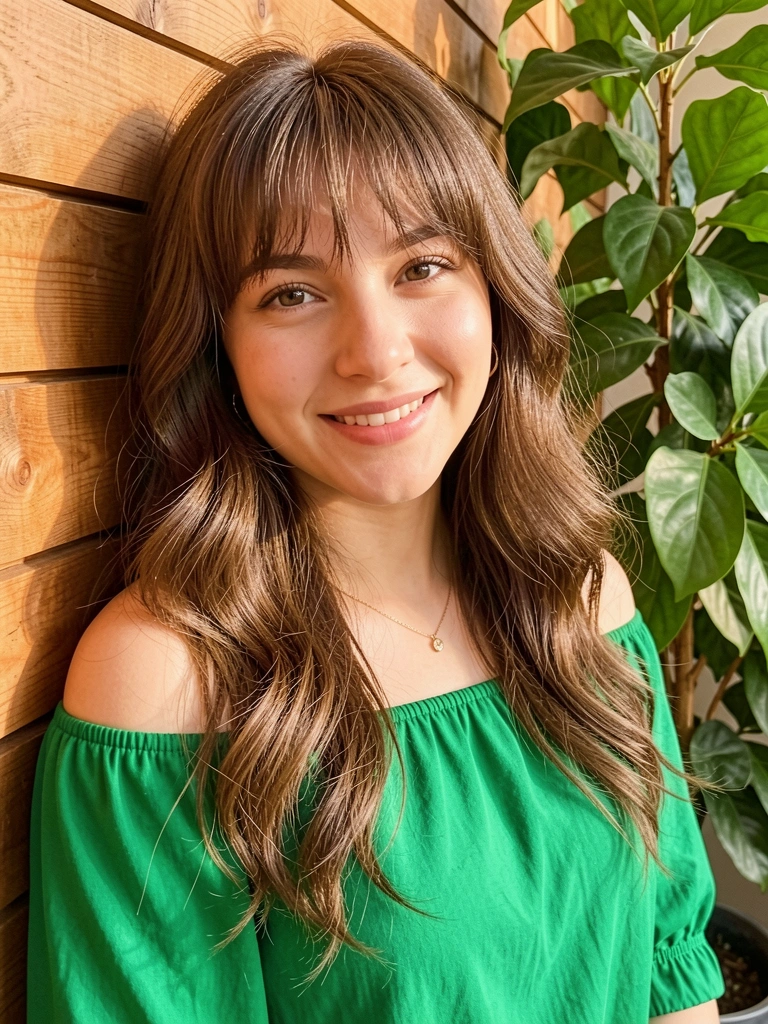 Mulher com cabelo cacheado e franja, blusa verde off-shoulder, sorrindo contra parede de madeira com planta ao fundo, luz natural suave.