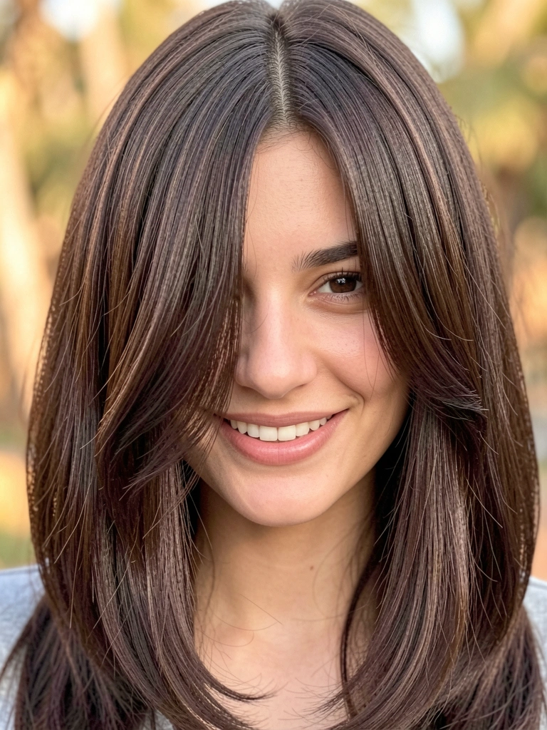 Jovem com cabelo castanho escuro e corte cortina, mecha sobre o olho, sorriso genuíno, luz natural difusa, fundo desfocado ao ar livre.