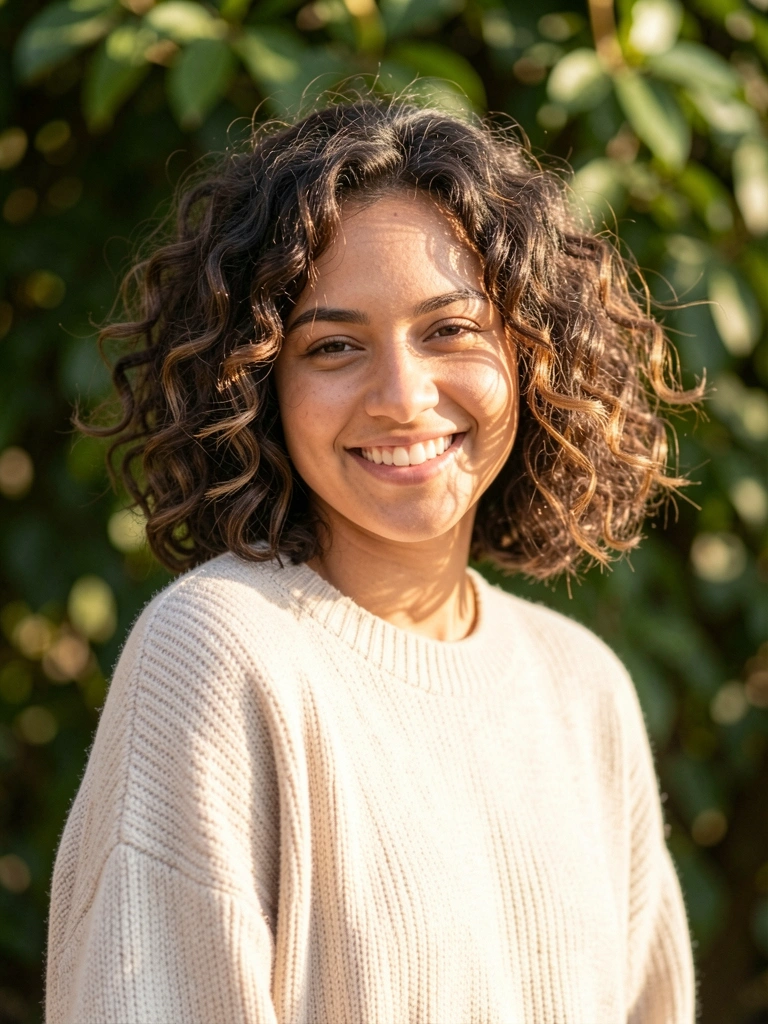 Jovem com cabelo curto ondulado castanho escuro, sorrindo em luz natural, usando suéter oversized claro, fundo verde desfocado.