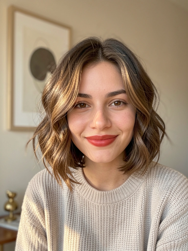 Jovem com cabelo curto ondulado, suéter texturizado claro, sorriso sutil e luz natural destacando os fios; moldura abstrata e objeto dourado ao fundo.