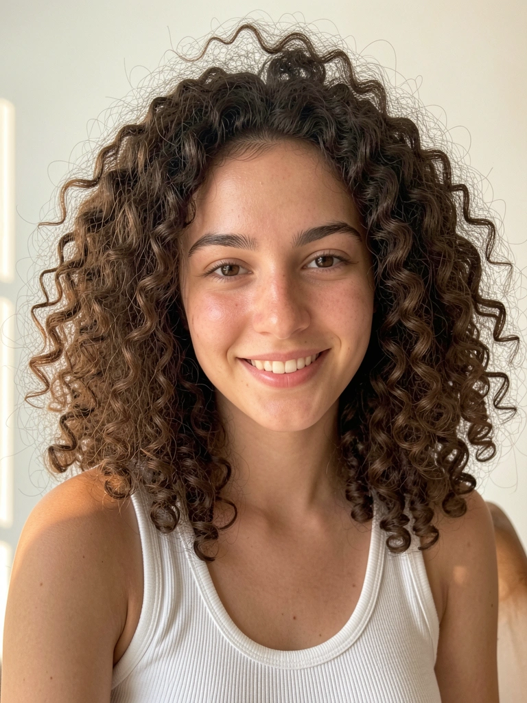Jovem com cabelo cacheado volumoso e sorriso genuíno, iluminado por luz natural difusa contra fundo branco.