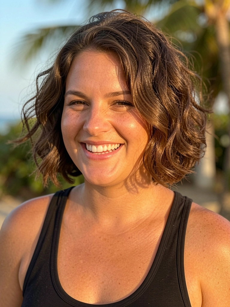 Mulher de cabelo curto ondulado, camiseta preta e sorriso genuíno em luz natural externa com fundo desfocado.