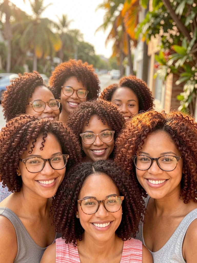 Mulheres com cabelos crespos e cacheados em cortes curtos, sorrindo ao ar livre com luz solar dourada e folhagem tropical desfocada ao fundo.
