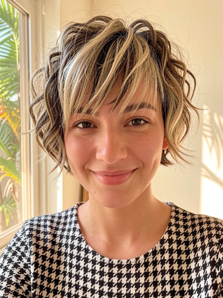 Mulher jovem com cabelo curto ondulado, mistura de loiro e castanho, top xadrez preto e branco, sorriso genuíno, luz natural filtrada.