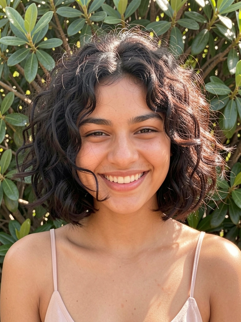 Mulher sorrindo com cabelo cacheado curto e top fino, luz suave filtrada por folhagem verde ao fundo.