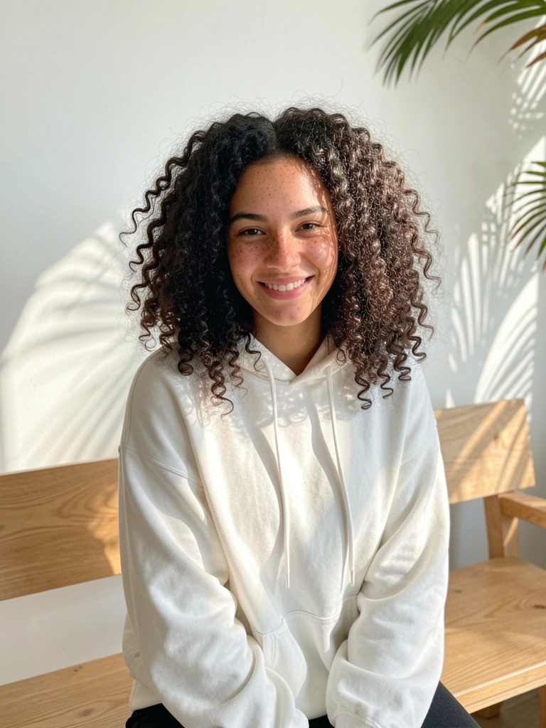 Moça de cabelo cacheado volumoso e sardas, moletom branco oversized, sentada em banco de madeira clara sob luz natural suave.