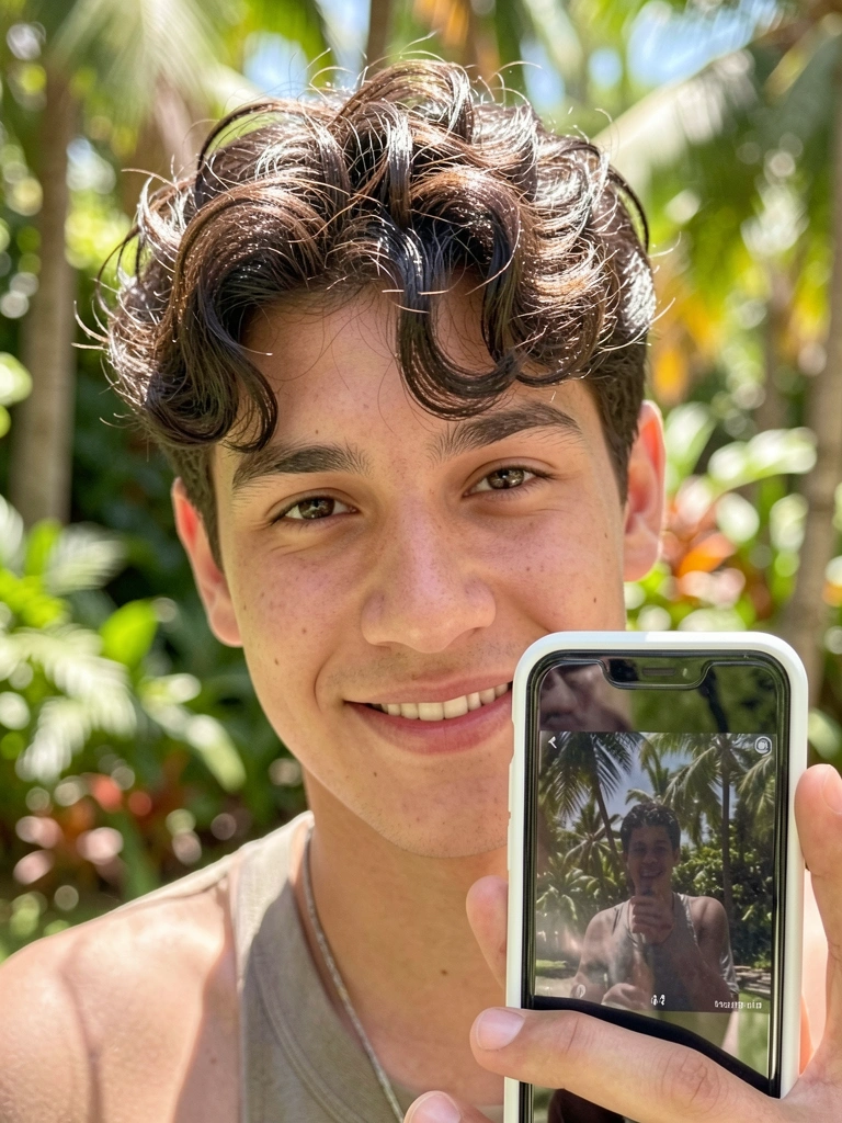 Jovem com cabelo ondulado curto segurando smartphone cuja tela reflete paisagem tropical ao ar livre, luz natural destacando textura dos fios.