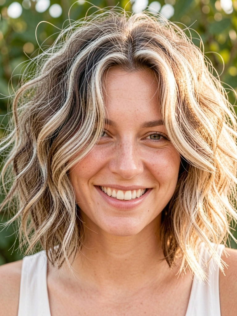 Mulher com cabelo curto ondulado, mechas loiras e castanhas, sorriso espontâneo, luz natural suave e fundo com folhagens verdes.