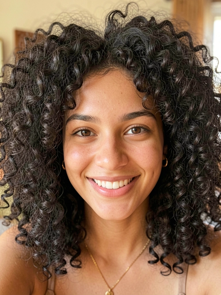 Mulher de cabelo cacheado volumoso e sorriso espontâneo, usando colar e brincos de ouro, luz natural difusa e fundo desfocado.
