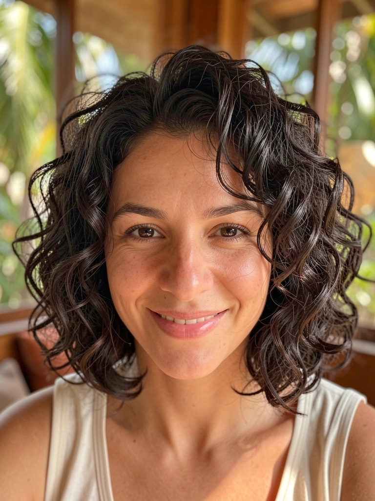 Close-up de um cabelo curto ondulado estilo French bob, com ondas texturizadas e volume, iluminado por luz natural suave, fundo desfocado.