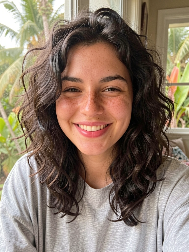 Jovem de cabelo curto ondulado, camiseta cinza, sorriso genuíno sob luz natural difusa.