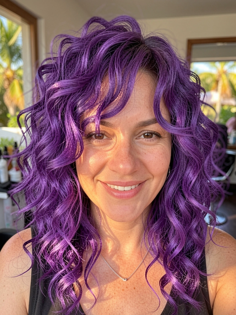 Mulher com cabelo roxo cacheado em camadas, sorrindo, luz natural destaca textura dos fios.