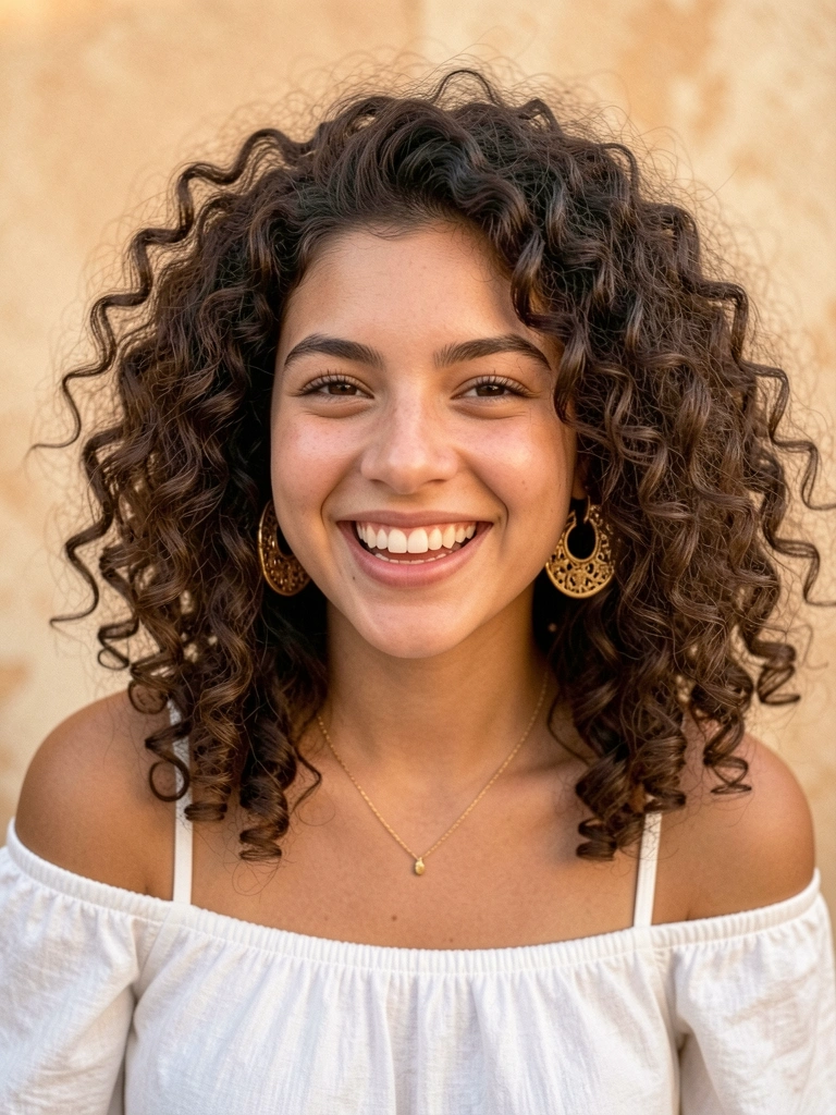 Jovem com cabelo cacheado volumoso, sorriso genuíno, brincos dourados grandes e blusa branca ombro a ombro, luz natural difusa.