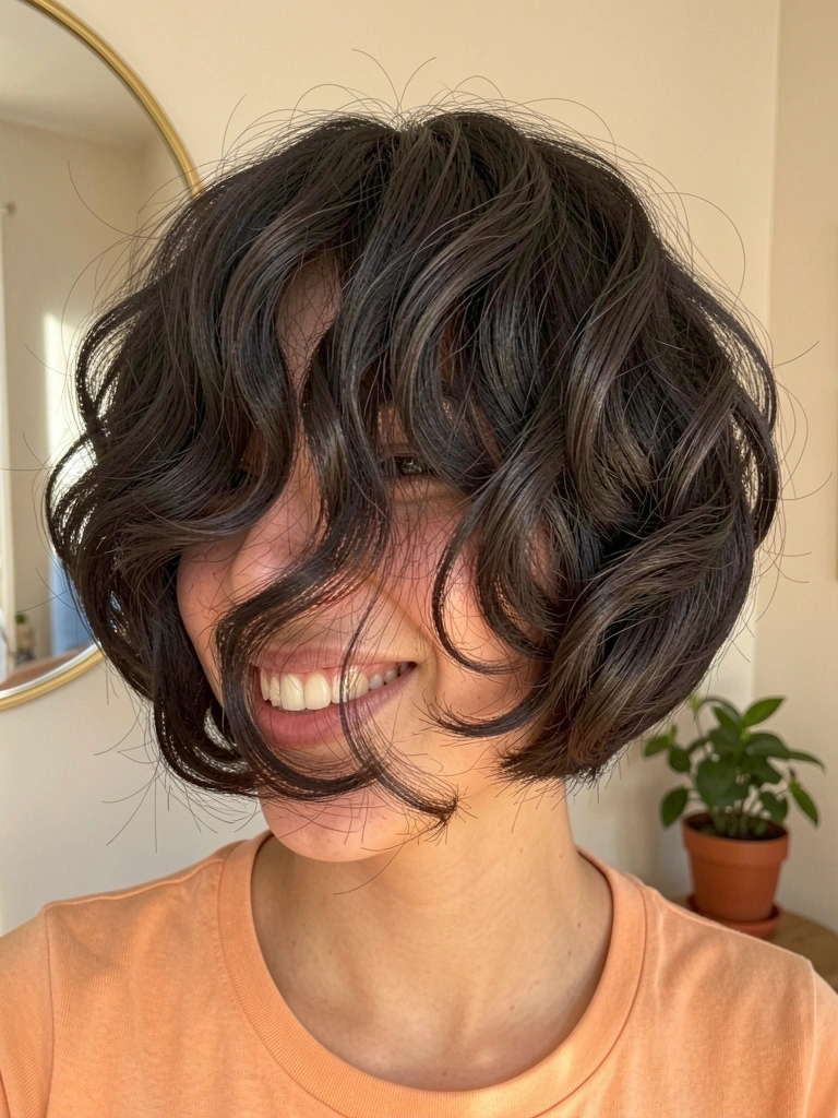 Jovem com cabelo curto ondulado volumoso, sorrindo, usando blusa laranja clara em ambiente interno com espelho de moldura dourada e vaso de planta, luz natural.