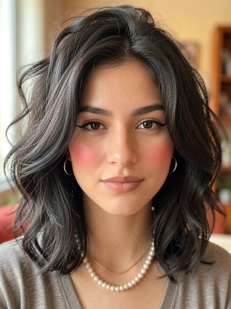 Jovem com cabelo curto ondulado, batom nude e colar de pérolas, luz natural suave e fundo desfocado.