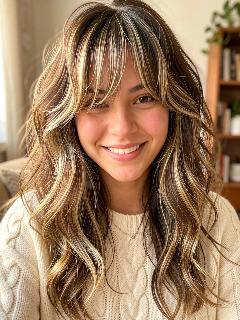 Jovem com franja cortininha, cabelo castanho com mechas loiras, suéter creme de tricô e sorriso natural, luz suave ao fundo.