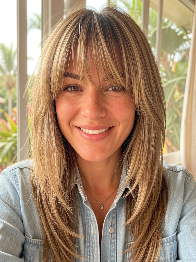 Mulher com cabelo castanho claro em camadas e franja cortina, camisa jeans azul, luz natural difusa, folhagem tropical ao fundo.