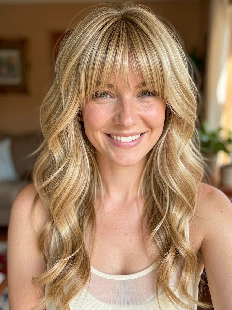 Loira de cabelo longo com camadas e franja, sorriso natural, luz difusa e fundo interno desfocado em tons quentes.