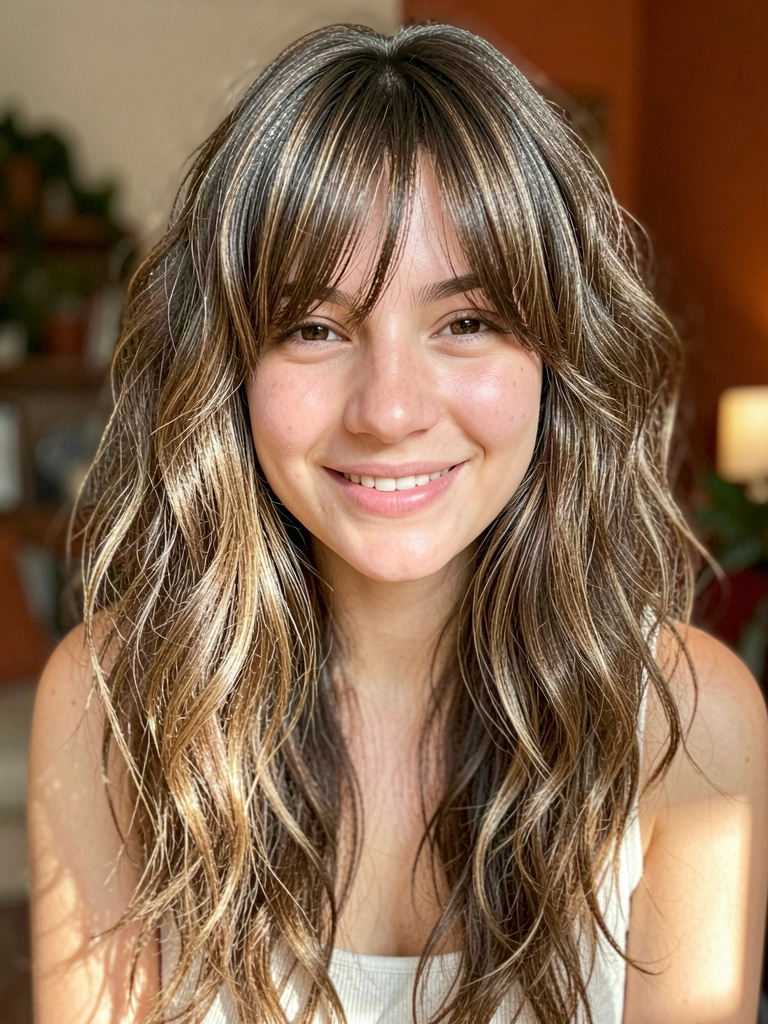 Mulher com franja longa e cabelos ondulados, sorrindo sob luz suave em ambiente interno desfocado.