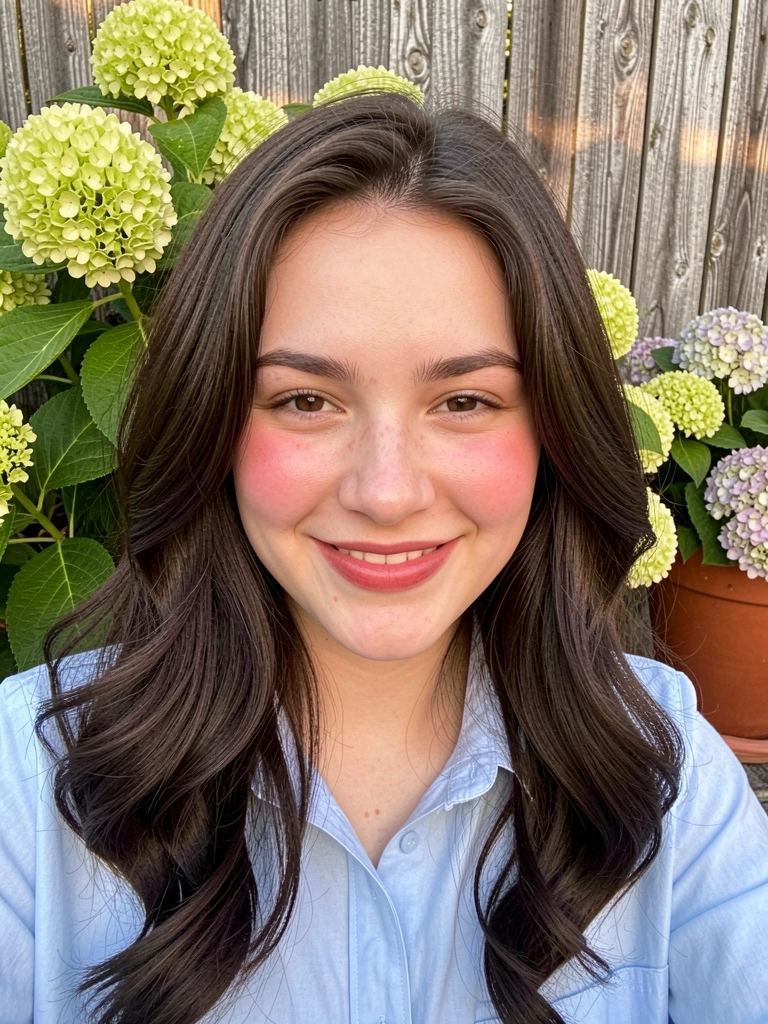 Mulher jovem de cabelos castanhos ondulados, camisa azul-clara, sorriso genuíno, com arbusto de hortênsias verdes e vaso de terracota ao fundo, luz solar difusa.