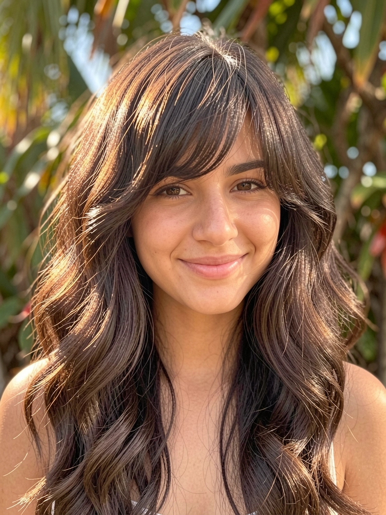 Luz natural filtra por folhas, destacando cabelo castanho escuro com franja em camadas e ondas suaves, sorriso espontâneo.
