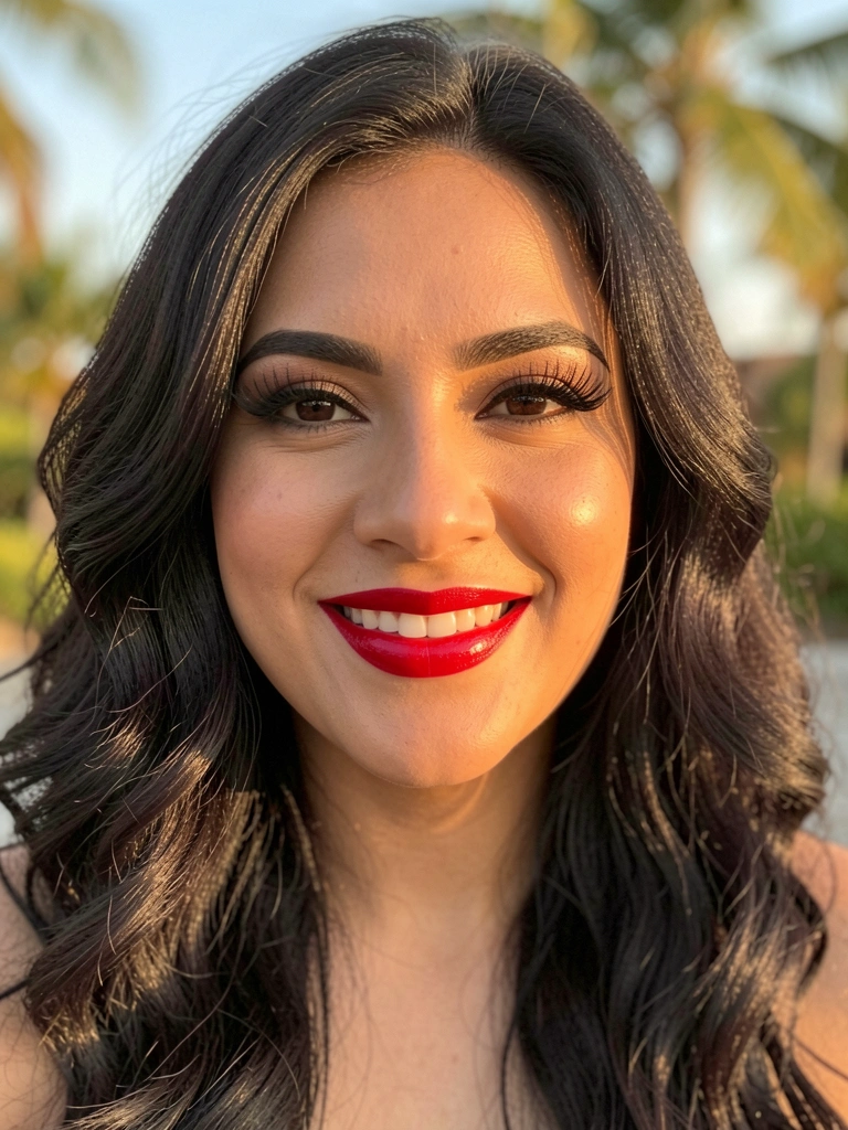 Mulher de cabelo escuro ondulado, batom vermelho e sorriso natural, iluminado por luz dourada suave contra fundo tropical desfocado.
