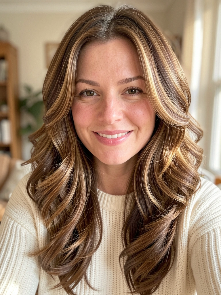Mulher de cabelos castanhos com mechas carameladas e ondas volumosas, sorriso natural, suéter creme, luz suave e fundo desfocado.