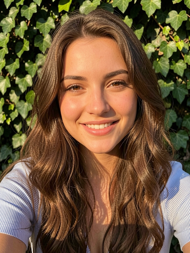 Mulher de cabelo ondulado com franja, blusa listrada azul e branca, sorrindo em frente a parede de hera verde, luz natural.