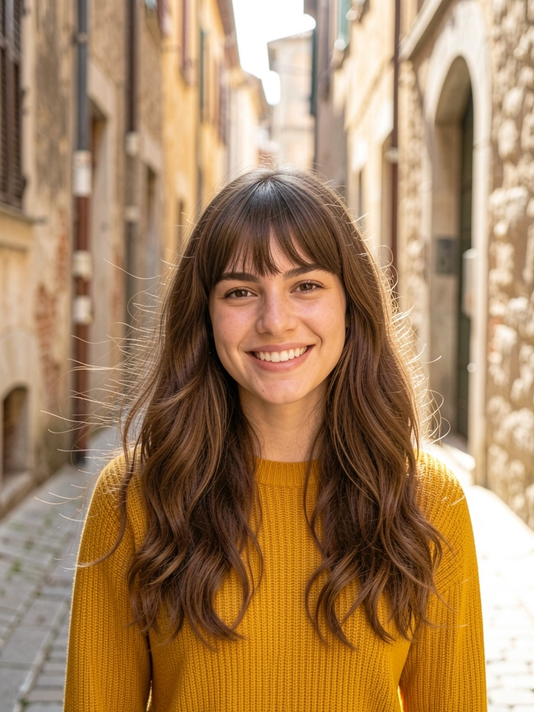 Jovem de cabelo castanho ondulado com franja reta, suéter amarelo mostarda, sorrindo em rua de paralelepípedos ensolarada na Europa.