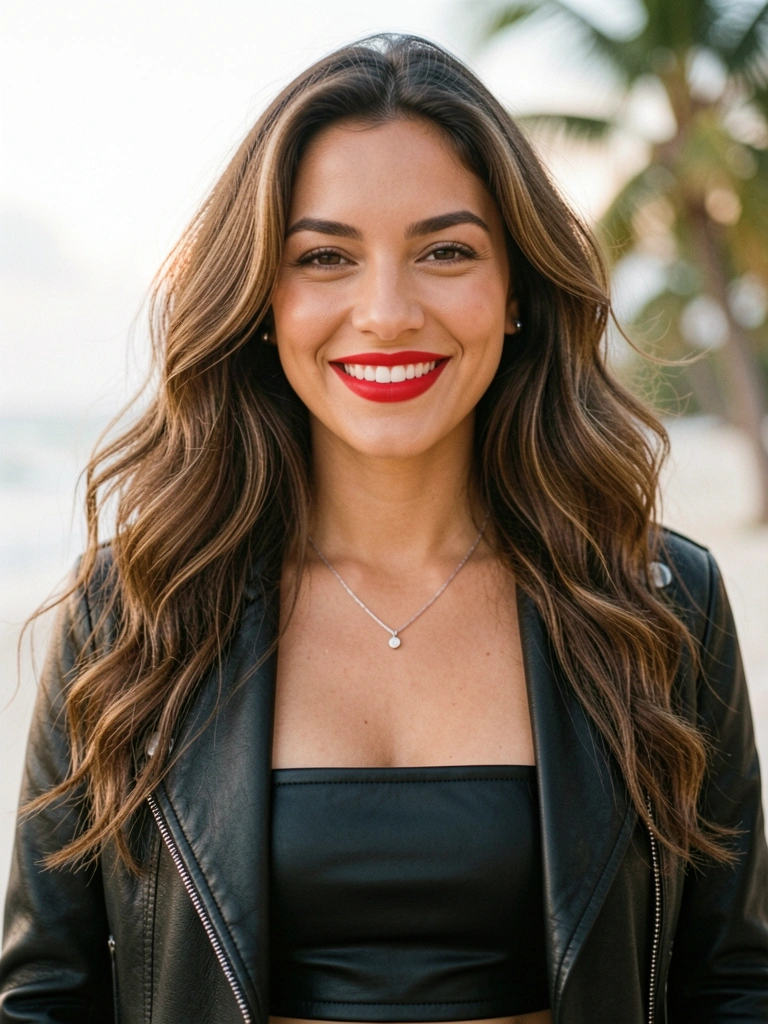 Cabelo ondulado castanho, jaqueta de couro preta, sorriso natural e batom vermelho em close com luz suave.