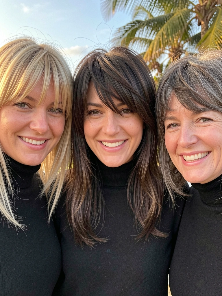 Três mulheres com cortes com franja e sorrisos espontâneos: loira, morena e grisalha, em preto, iluminadas por luz natural suave.