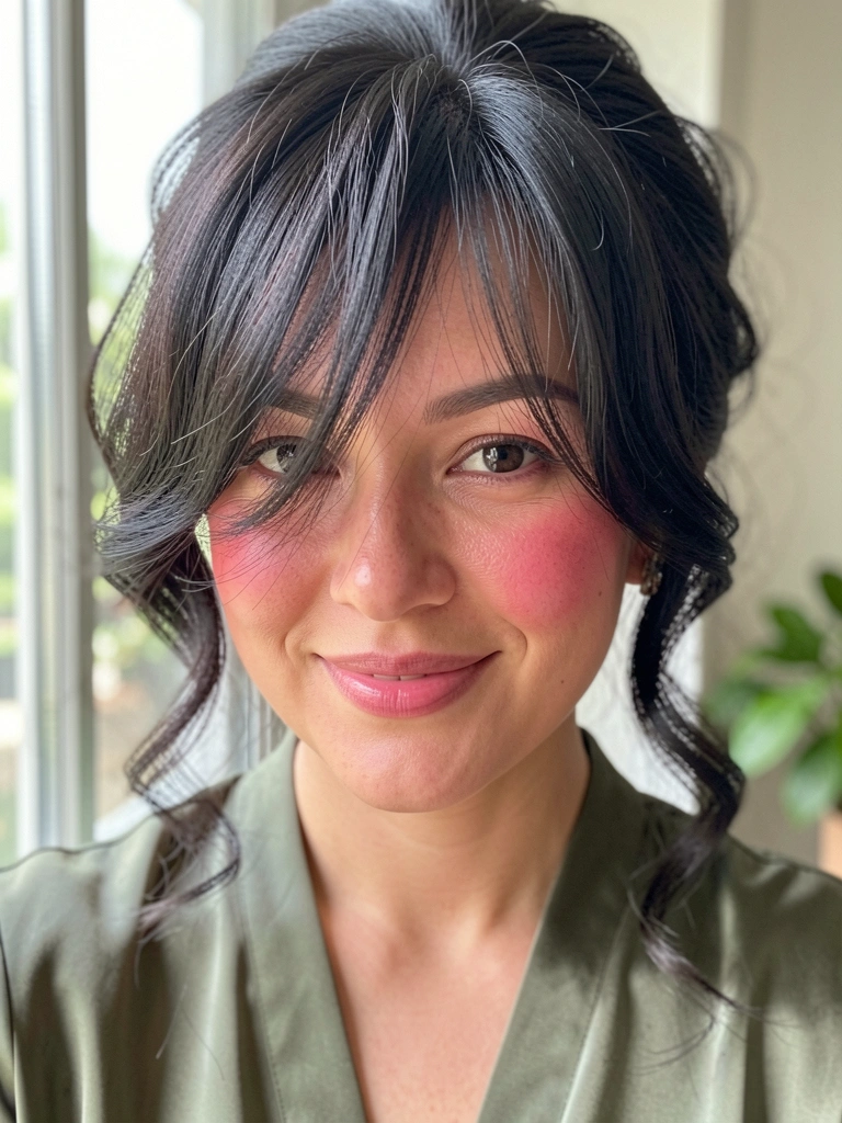 Mulher com cabelo ondulado volumoso preso em coque solto, franja lateral caindo sobre o rosto, blusa verde-oliva, luz natural suave vinda de janela com vegetação ao fundo.