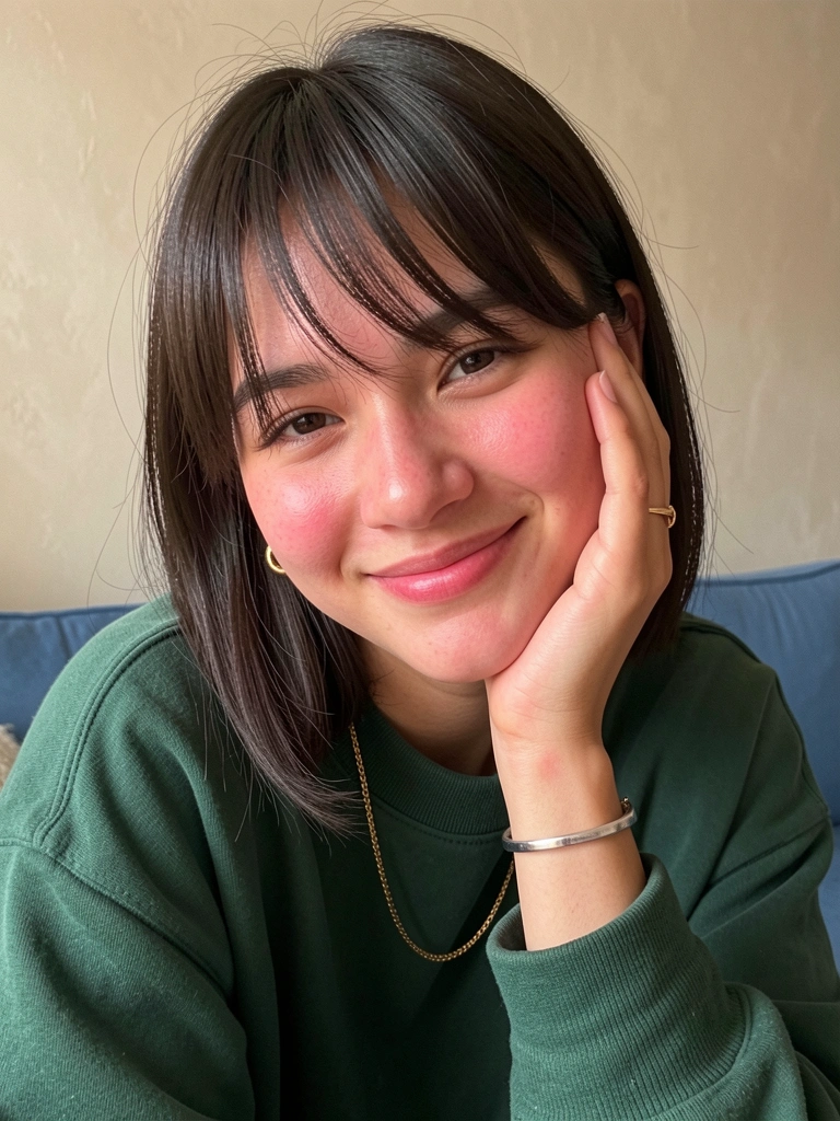 Mulher com franja assimétrica e suéter verde escuro, sorrindo com a mão no rosto, fundo neutro com sofá azul e luz natural.
