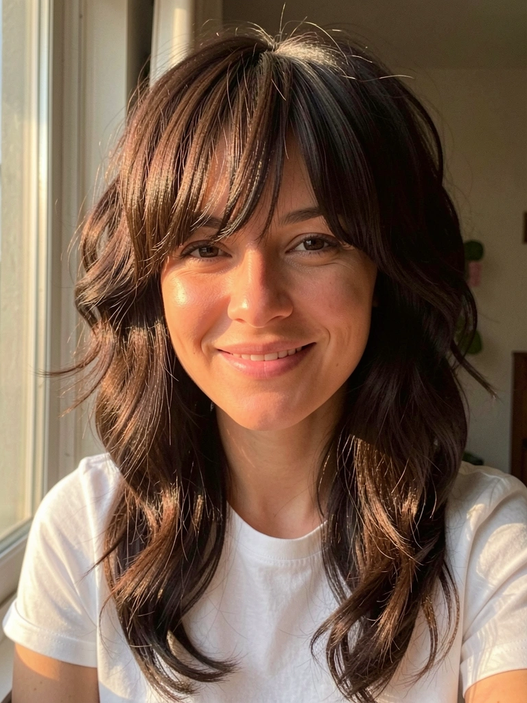 Mulher com cabelo liso ondulado, franja volumosa, sorriso genuíno, camiseta branca, luz suave de janela, fundo desfocado.