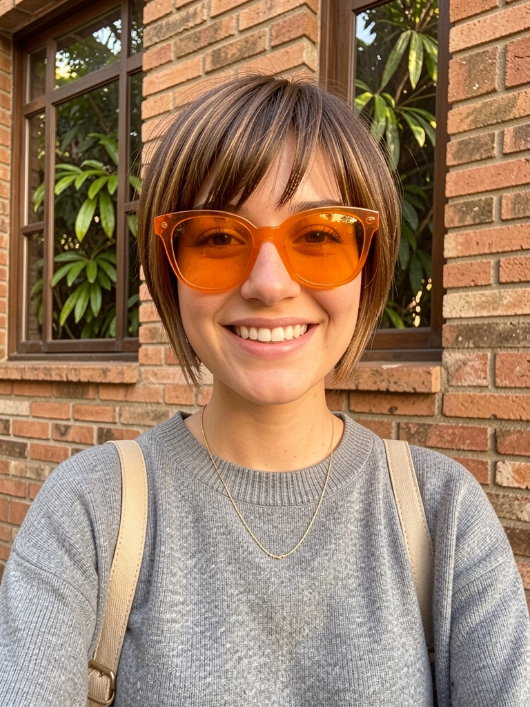 Mulher com cabelo liso na altura do queixo, franja e óculos alaranjados, sorrindo sob luz natural em frente a tijolos e folhagens.