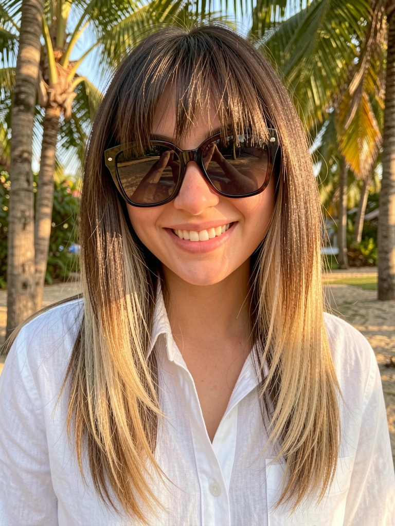 Jovem com cabelo liso em wolf cut, camisa branca de linho e óculos escuros, sorrindo sob luz dourada filtrada por palmeiras.
