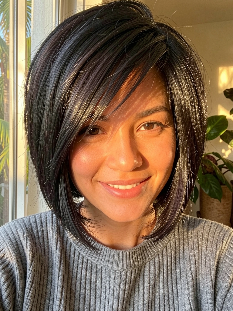 Mulher com cabelo wolf cut escuro e texturizado, sorrindo, usando suéter cinza texturizado, com luz natural quente de janela.