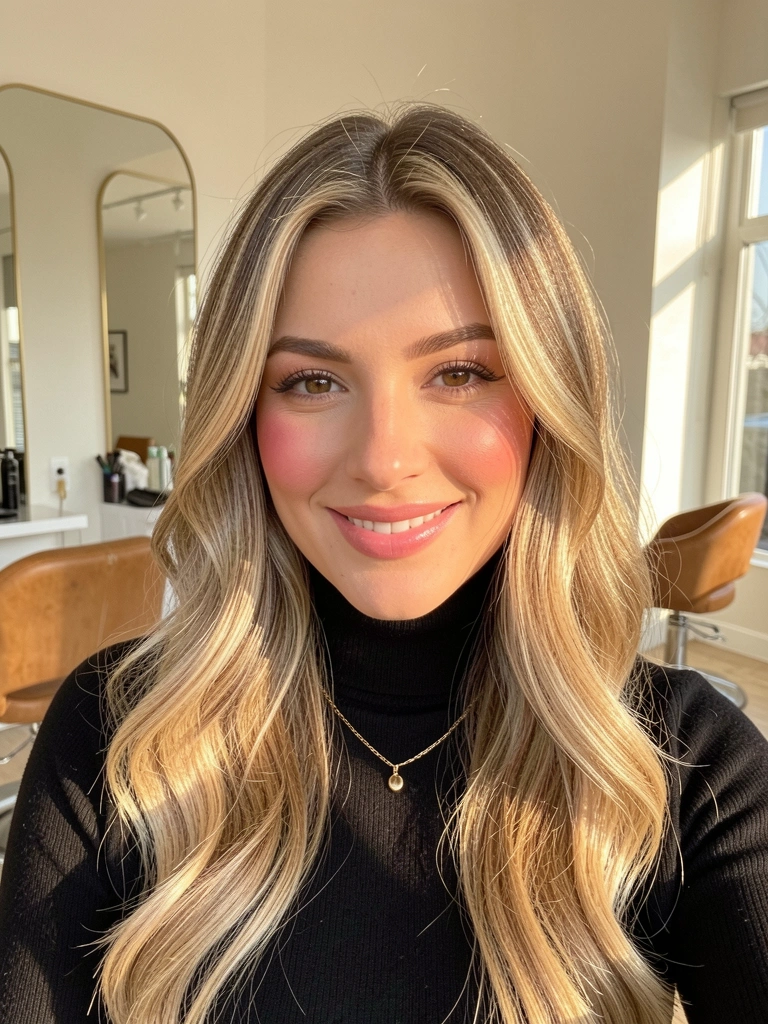 Mulher de cabelo loiro ondulado e blusa preta, sorrindo em salão com parede espelhada e luz natural suave.