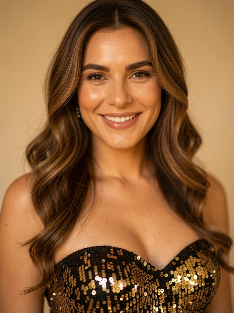 Sequins pretos e dourados em vestido sem alças, sorriso genuíno e luz difusa destacando maçãs do rosto.