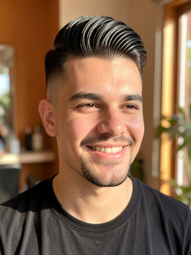 Jovem de cabelo liso preto com pompadour e barba aparada, sorrindo, luz natural difusa e fundo desfocado.