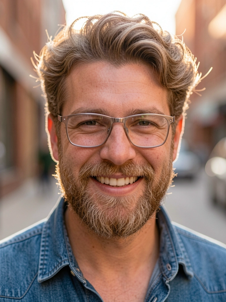 Homem com barba castanha clara texturizada e cabelo ondulado estilizado, óculos retangulares e camisa jeans, sorriso genuíno sob luz natural suave com fundo urbano desfocado.