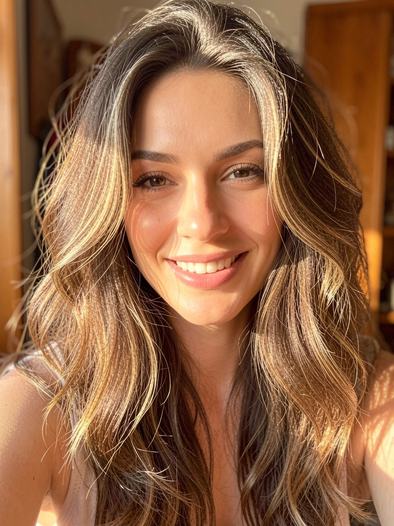 Mulher com cabelo liso castanho, pontas desfiadas e luz dourada realçando os olhos, sorriso espontâneo em ambiente de madeira.